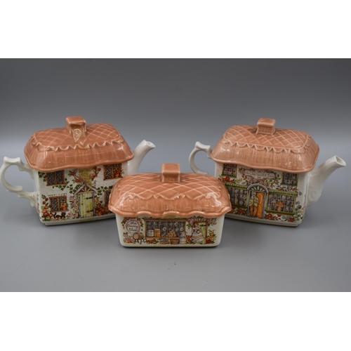 150 - Two Sadler Teapots (Ye olde Tepot Inn & Ivy Cottage) and The Dairy Shop Butter Dish