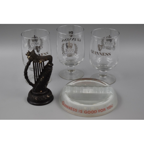 168 - Three Guinness Glasses, Ashtray and Harp