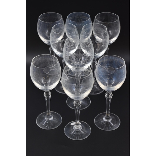 169 - Set of 6 Edwardian etched Glass Long Stemmed Wine Glasses and 3 Matching Glasses