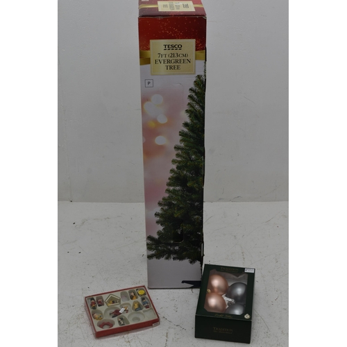 534 - Tesco seven foot boxed Christmas tree with 4 large (85mm diameter) baubles and twelve small wooden d... 