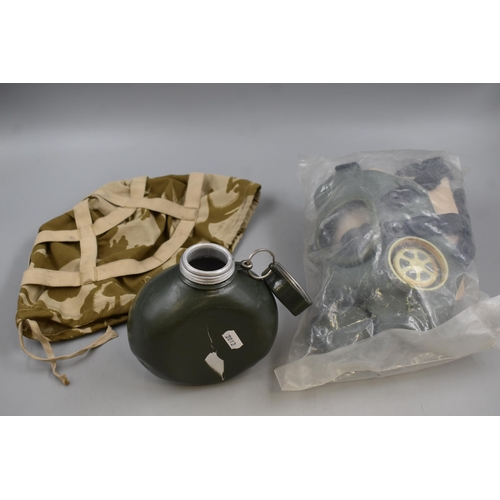 391 - Vintage Rubber Gas mask plus Army issue Water Bottle plus other