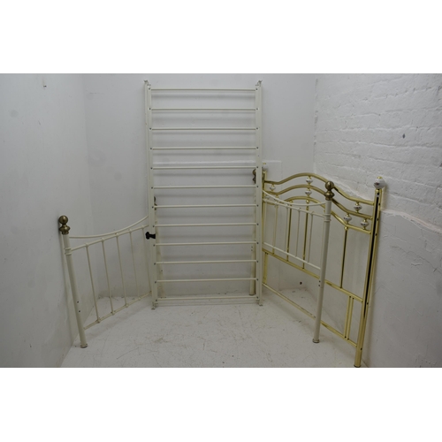 447b - Single Metal Bed Frame in White with Fixings and a Brass Double Headboard Decorated with Ceramic Kno... 