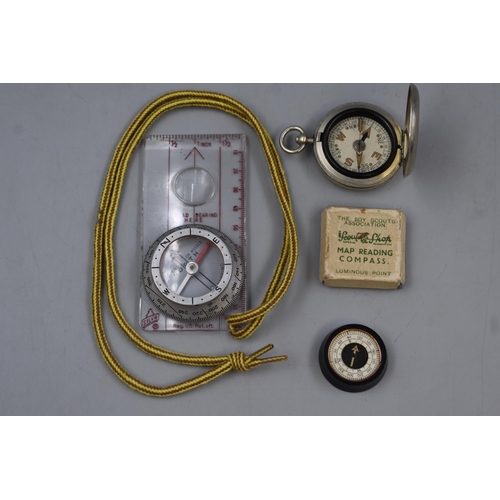 118 - Boys Scouts Map Reading Compass in Box, Pocket Compass and Bearing Compass