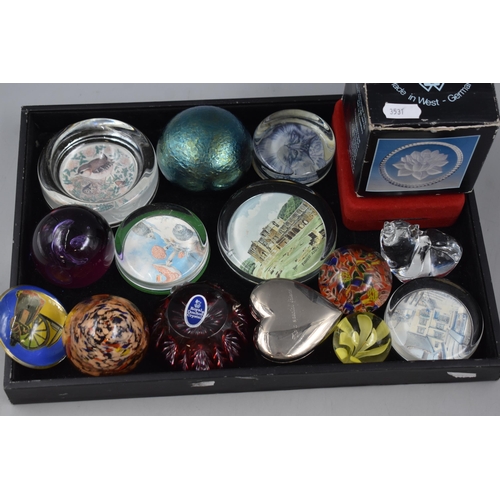 61 - A Selection Of Fourteen Paperweights, Six Crystal Coasters and Heart Memento Box. Includes Royal Dou... 