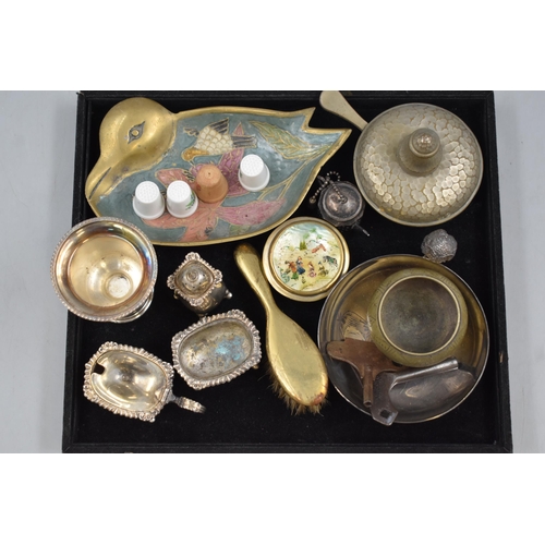 75 - A Mixed Tray To Include Silver Plated Condiment Pieces, Thimbles, Enamelled Brass Tray and More.