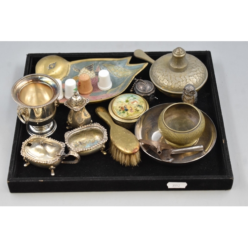 75 - A Mixed Tray To Include Silver Plated Condiment Pieces, Thimbles, Enamelled Brass Tray and More.