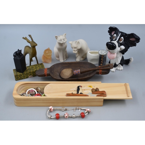 82 - A Mixed Tray To Include Cat Figures, African Bowl With Spoon, Brass Deer and More.