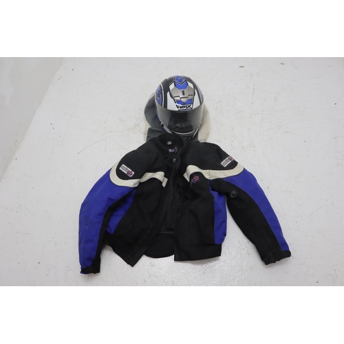 593 - A MotoGB XL Motorcycle Jacket In Blue, With Medium Box Helmets Helmet.