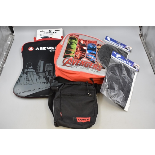 608 - New Avengers Rucksack with Tags, Airwalk Laptop Bag, Levis Pouch and two Runners Hats