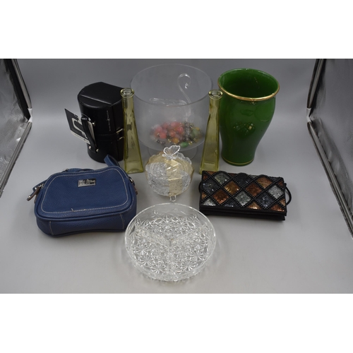 612 - A Mixed Selection To Include Glassware, Handbags, Jewellery Case and More.