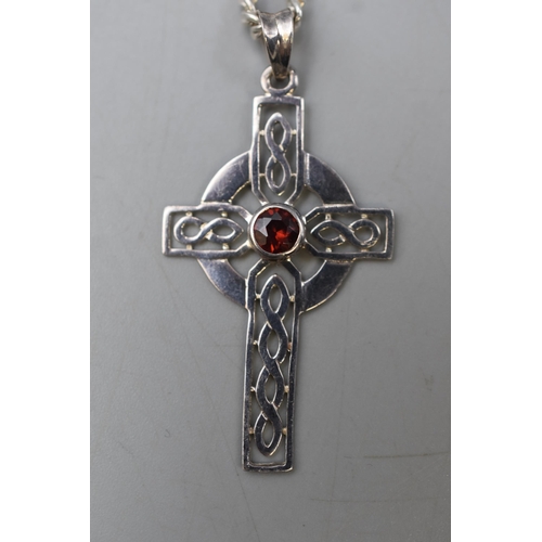 61 - Silver 925 Celtic Cross gem Stoned Pendant Necklace