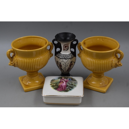 167 - A Selection Of Four Ceramic Pieces, Includes Pair of Mustard Planters, Classical Vase and Trinket Bo... 