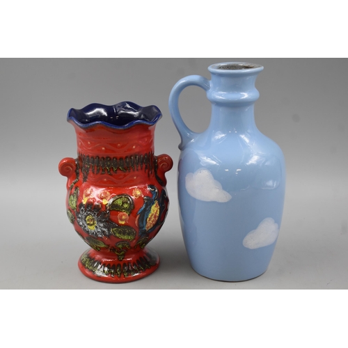 174 - Two West German Pottery Items to include Red Flowered Vase and Cloudy Sky Pouring Jug