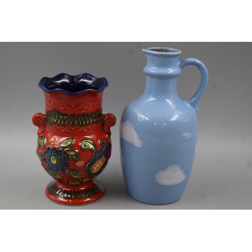 174 - Two West German Pottery Items to include Red Flowered Vase and Cloudy Sky Pouring Jug