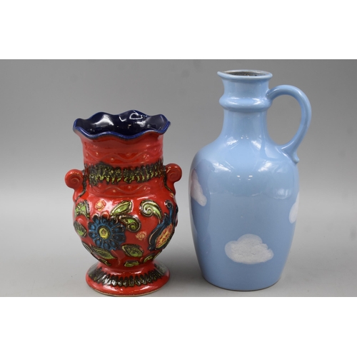 174 - Two West German Pottery Items to include Red Flowered Vase and Cloudy Sky Pouring Jug