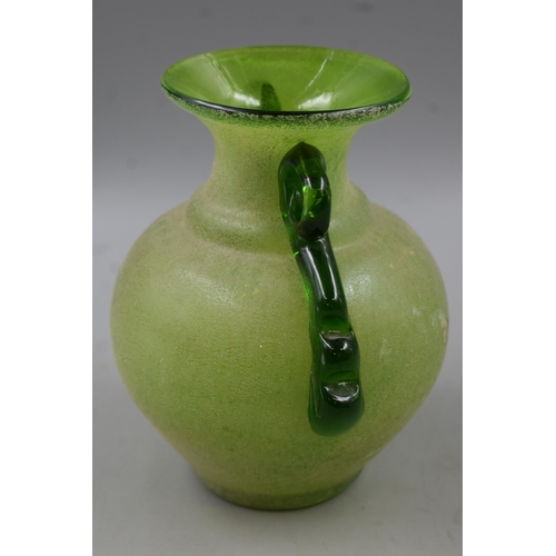 176 - A Green Glass Vase, With Dark Green Classical Handles and Rough Opaque Finish. Approx 8