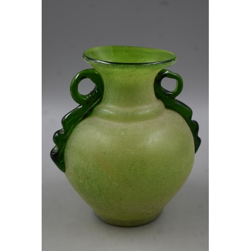 176 - A Green Glass Vase, With Dark Green Classical Handles and Rough Opaque Finish. Approx 8