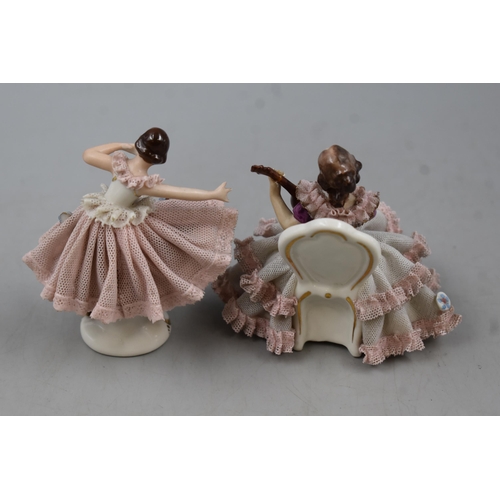 180 - Two Dresden of Germany Lace Figures (Ballerina and Musician) Tallest 4