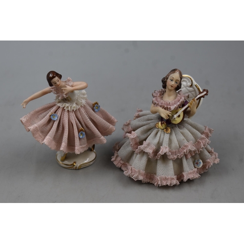 180 - Two Dresden of Germany Lace Figures (Ballerina and Musician) Tallest 4