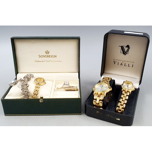 32 - Green Jewellery Box and Contents and a Boxed Pair of Vialli Watches