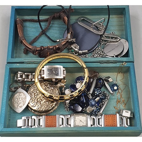 36 - Mixed Wooden Box of Jewellery Includes 9CT Broken Chain