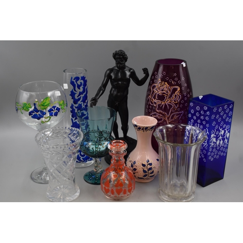 673 - Mixed Lot to include Hand Painted Glassware, Glass Vases and a Statue