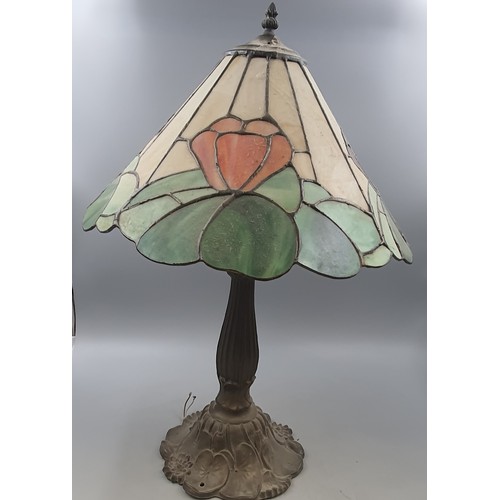 48 - Large Bronzed Metal Tiffany Style Table Lamp. Needs Re-Wiring. Measures 24 Inches Tall and has a dia... 