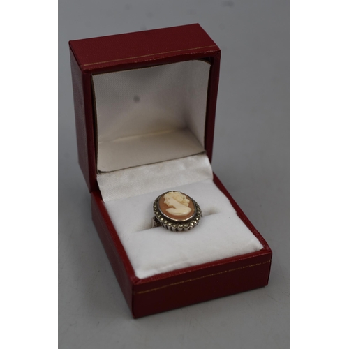 49 - Vintage Silver Cameo Ring (Size J) Complete with Presentation Box