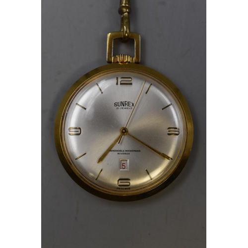 90 - Sunrex 21 Jewel Wind Up Mechanical Pocket Watch with Chain (Working)