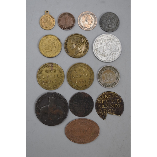 140 - Selection of Coins and Tokens including Coventry Lady Cadaver Half Penny, Bread Tokens, German Coina... 