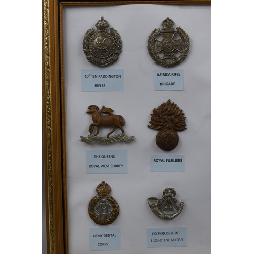 168 - Selection of 12 (WWI & WWII) Cap Badges in Framed Mount