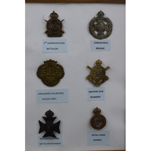 168 - Selection of 12 (WWI & WWII) Cap Badges in Framed Mount