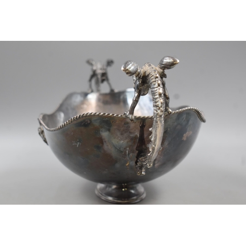 177 - Large Vintage Silver Plated Art Deco Centerpiece/Fruit Bowl Adorned with Dragon Handles Clinging to ... 