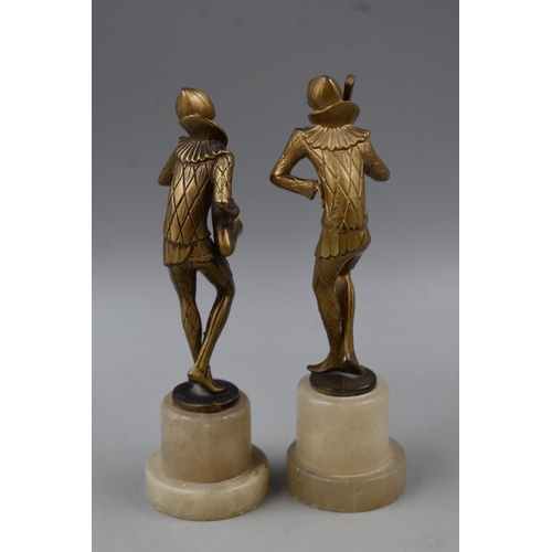 197 - Two Art Deco Cast Metal Musician Statue's on Marble Plinths with gilt effect finish  8.5