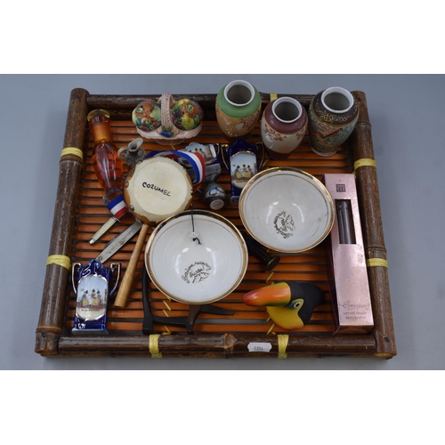 405 - Vintage Bamboo Tray and Contents Including Japanese Ceramic Cruet Set, Rochas Perfume Vintage Pen Kn... 