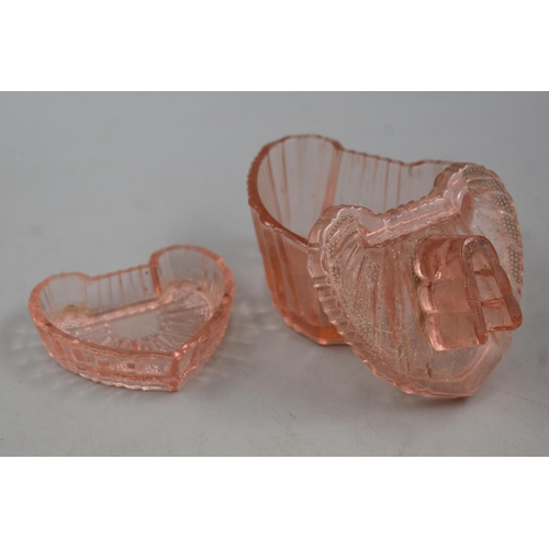 416 - Vintage Pink Glass Desktop Set to include Candle Holders, Pin Dishes and Tray