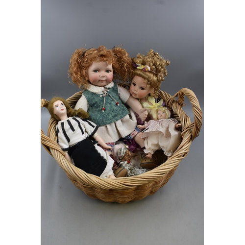 418 - Large Wicker Basket of Collector Dolls Includes Show Stoppers, Riva Schlik, and Others