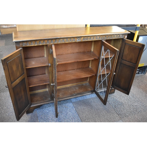 525 - Vintage Oak Old Charm Cabinet / Bookcase with two central Leaded Glass Doors and Hand Carved Panel D... 