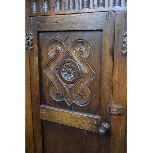 525 - Vintage Oak Old Charm Cabinet / Bookcase with two central Leaded Glass Doors and Hand Carved Panel D... 