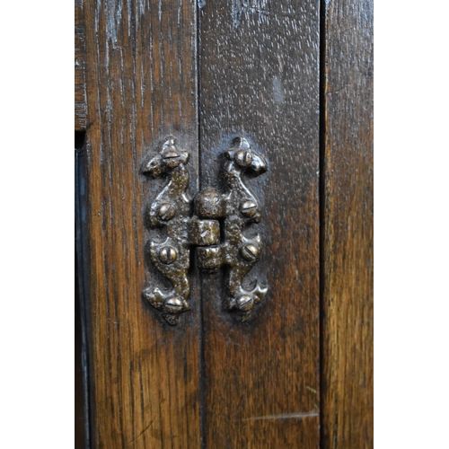 525 - Vintage Oak Old Charm Cabinet / Bookcase with two central Leaded Glass Doors and Hand Carved Panel D... 