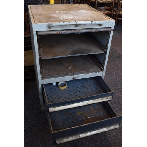 529 - Vintage Industrial Workshop Two Drawer Two Sliding Shelf Tool Trolley on Lockable Heavy Duty Polly C... 