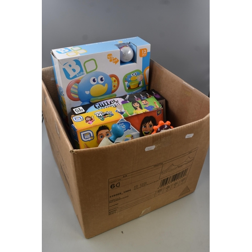 443 - A Box Containing a Selection Of Children's Toys. Includes Bop It, Mumbo Jumbo, Leap Frog and More.