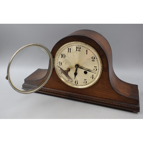 284 - Oak Cased Vintage Mantle Clock with Key and Pendulum