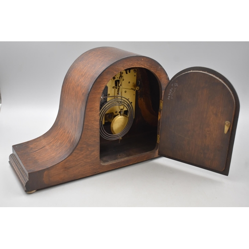 284 - Oak Cased Vintage Mantle Clock with Key and Pendulum