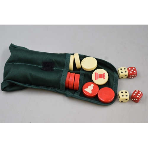 468 - Travelers Checkers and Backgammon Set with Cloth Board all contained in a compact cloth bag complete