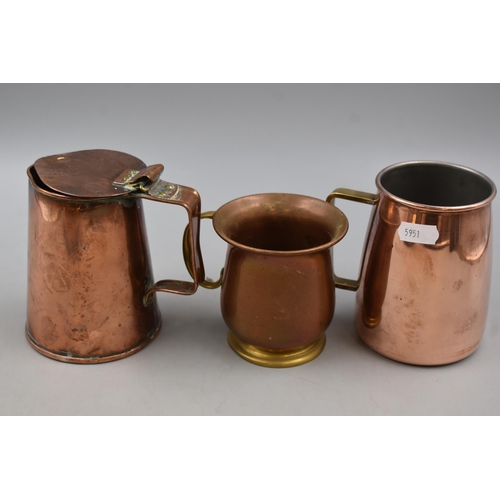 500 - A Copper Pan, With Three Copper Tankards. Pan Approx 10