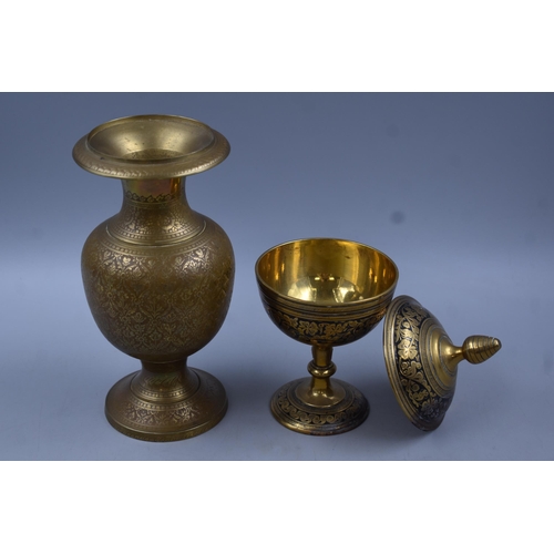 502 - Four Pieces of Enamelled Brassware. Includes Peacock Dish, Vase, Lidded Goblet and Other.