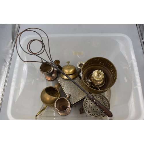 625 - A Selection Of Brass and Metal Items. Includes Bell, Candle Holders, Trinket Box and More.