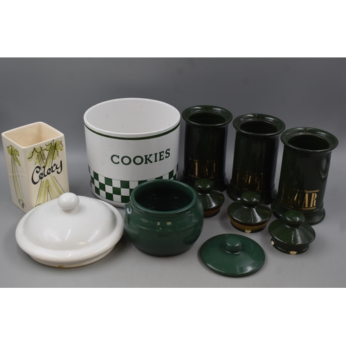 602 - A Selection Of Six Ceramic Kitchen Containers. Includes Tea, Coffee, Celery and More. Tallest Approx... 