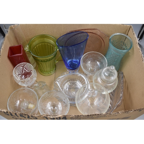 637 - A Selection of Mixed Glassware. Includes Green Glass Jug, Crimson Glass Vase, Fruit Bowls and More.